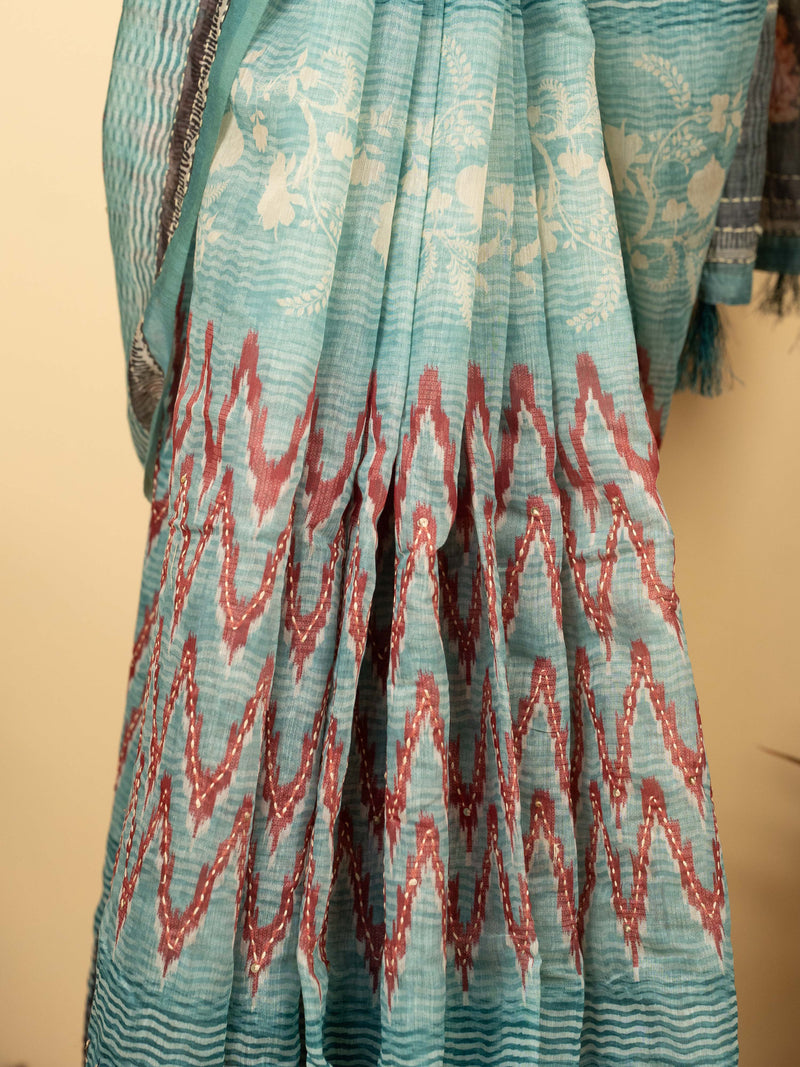 Sea Blue Chanderi Block Print Hand Kantha Saree