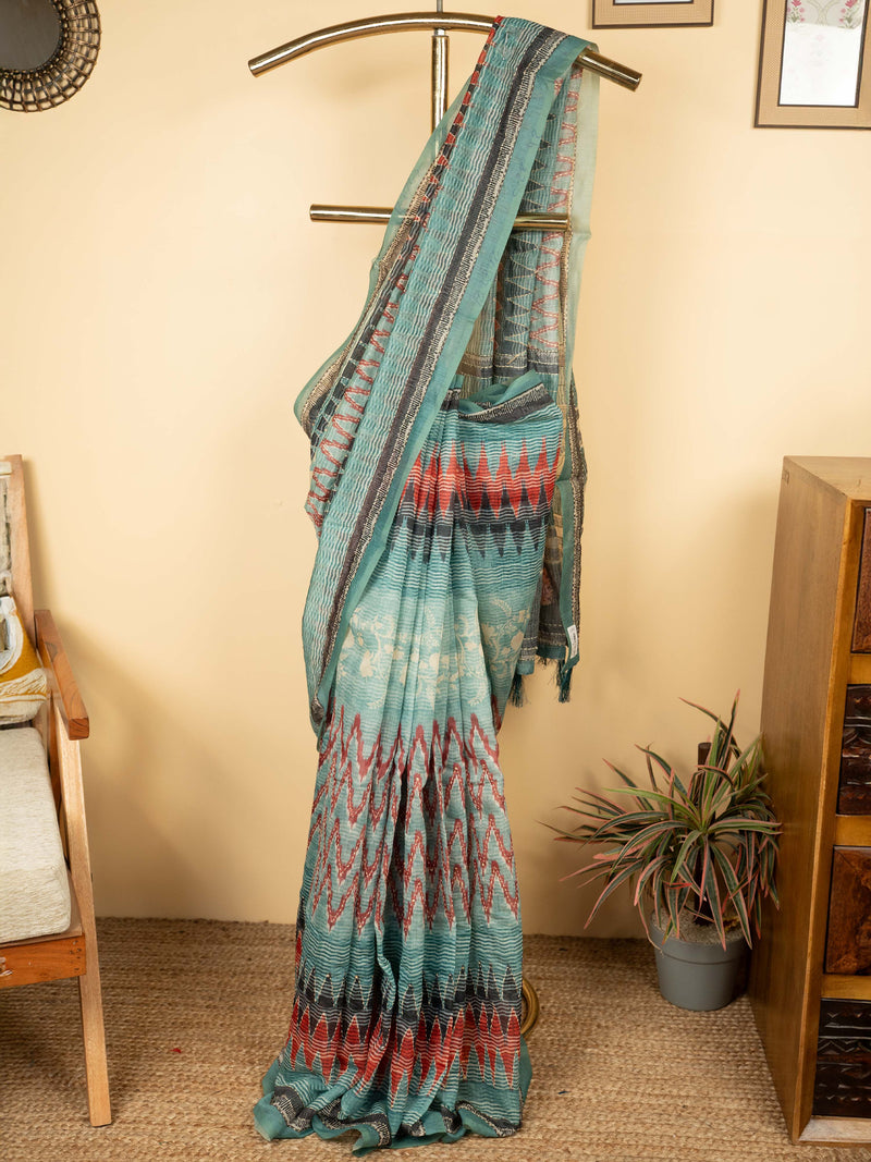 Sea Blue Chanderi Block Print Hand Kantha Saree