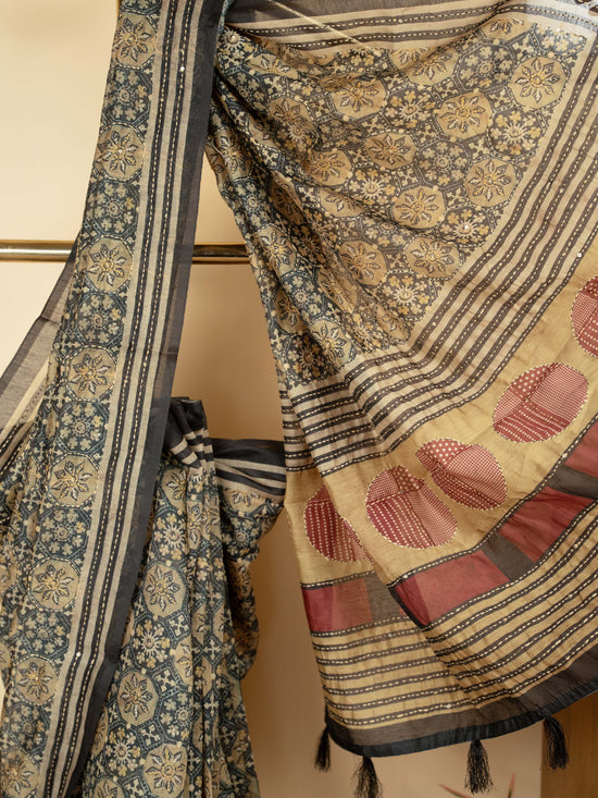 Gray Chanderi Block Print Hand Kantha Saree