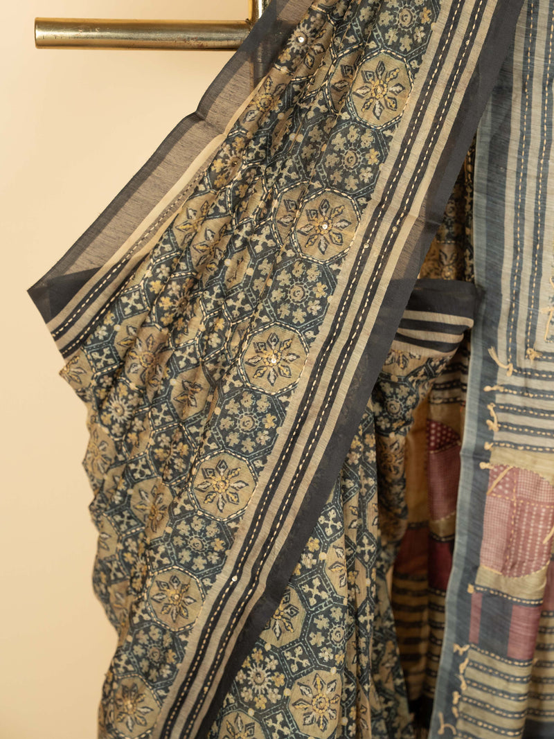 Gray Chanderi Block Print Hand Kantha Saree