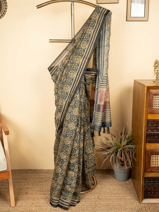 Gray Chanderi Block Print Hand Kantha Saree