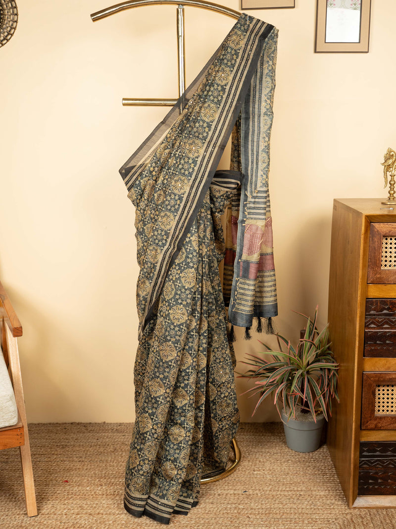 Gray Chanderi Block Print Hand Kantha Saree