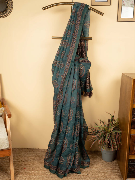 Peacock Green Chanderi Block Print Hand Kantha Saree