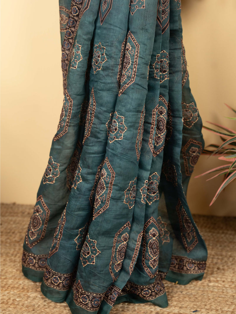 Peacock Green Chanderi Block Print Hand Kantha Saree