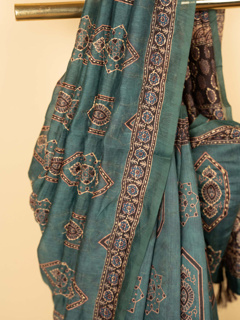 Peacock Green Chanderi Block Print Hand Kantha Saree