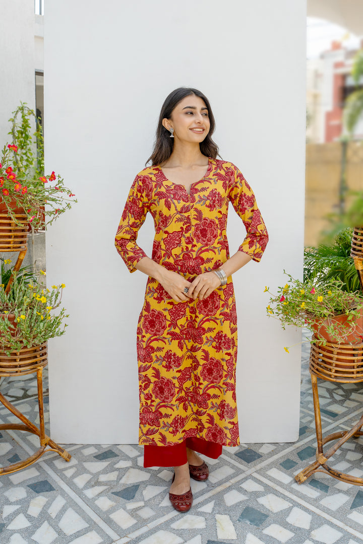 Mustard Cotton Floral Printed Kurta For Women's