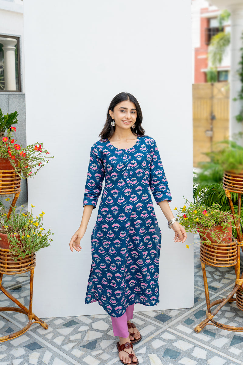 Blue Printed Cotton Kurta For Women's