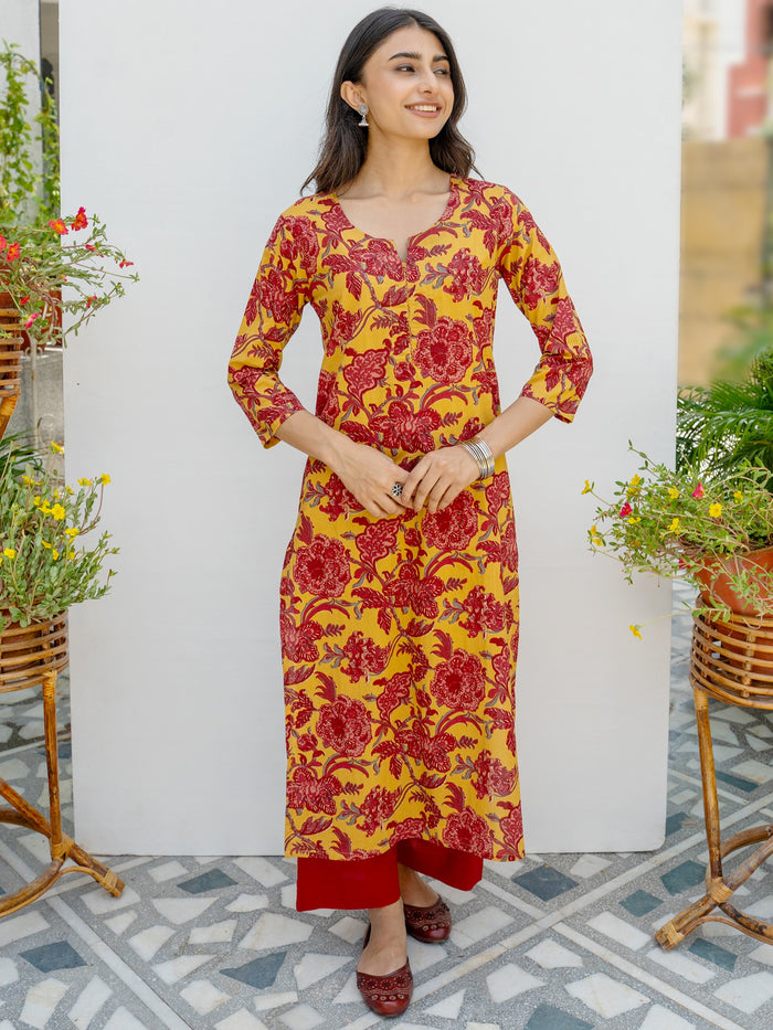 Mustard Cotton Floral Printed Kurta For Women's