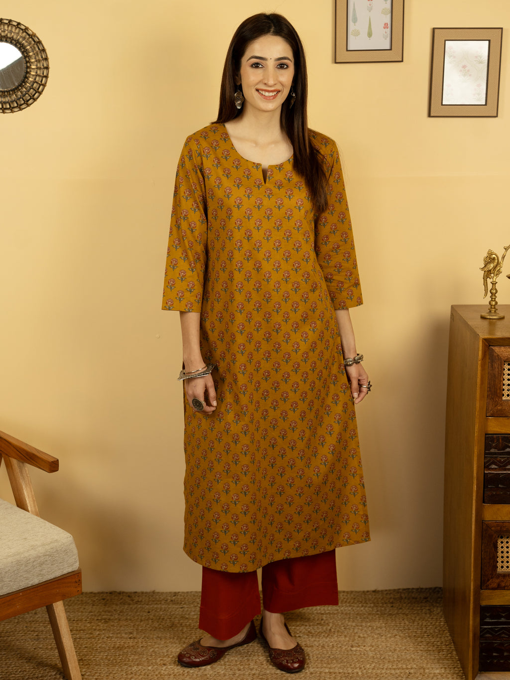 Mustard Colour Cotton Round With V Neck Block Print Kurta For Women's