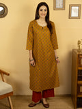 Mustard Colour Cotton Round With V Neck Block Print Kurta For Women's