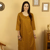 Mustard Colour Cotton Round With V Neck Block Print Kurta For Women's
