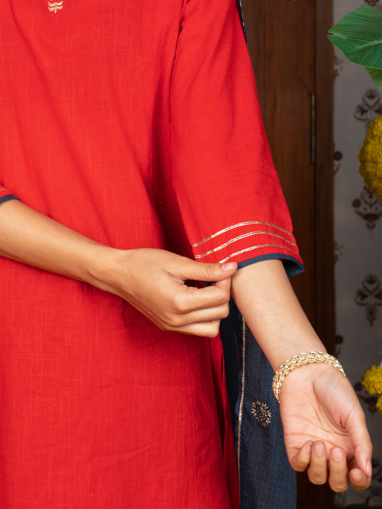 Red Cotton Slub V-Neck Complete Suit Set For Women's