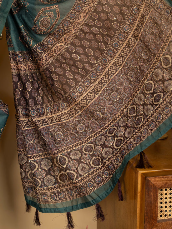 Peacock Green Chanderi Block Print Hand Kantha Saree