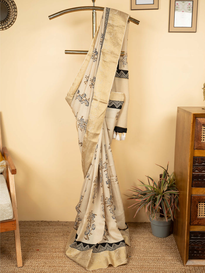 Beige Dola Silk Block Print Zari Border Saree