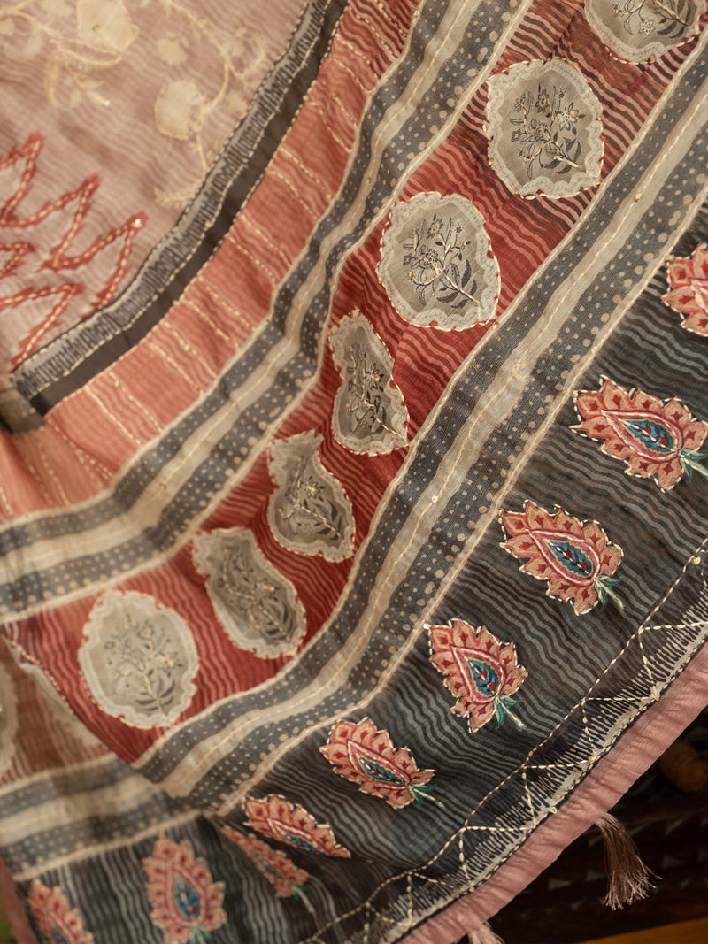 Pink Chanderi Block Print Hand Kantha Saree