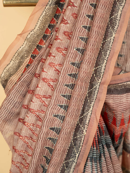 Pink Chanderi Block Print Hand Kantha Saree