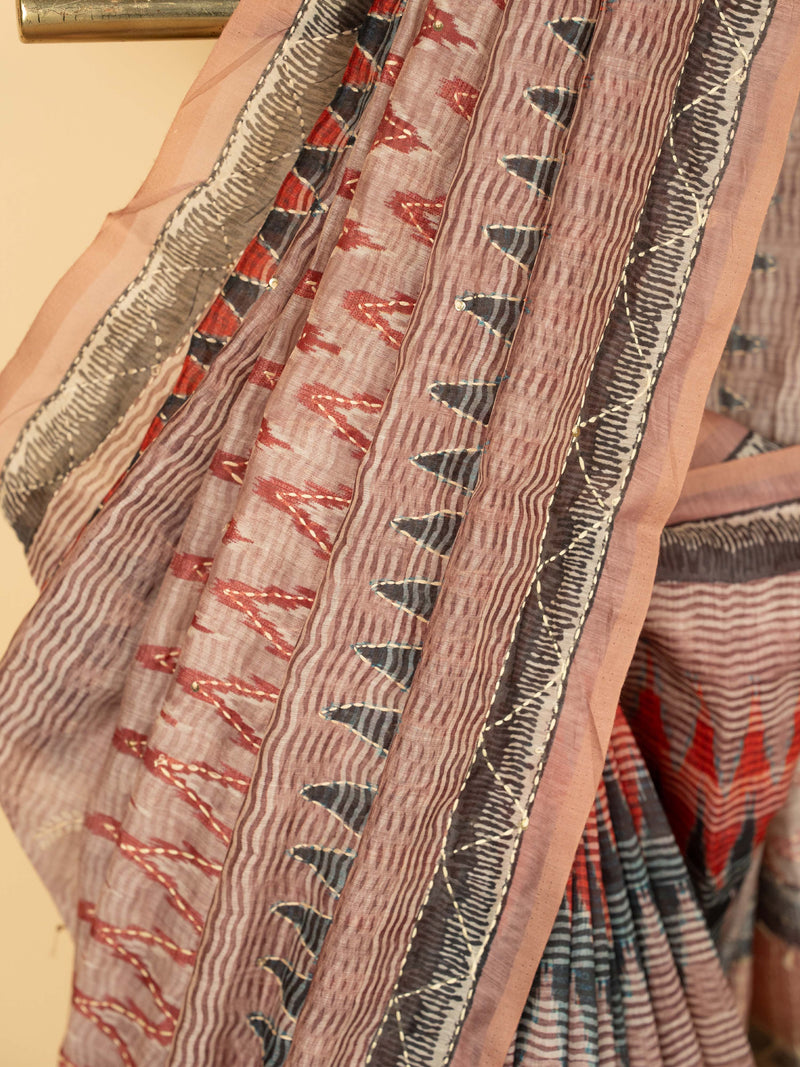 Pink Chanderi Block Print Hand Kantha Saree