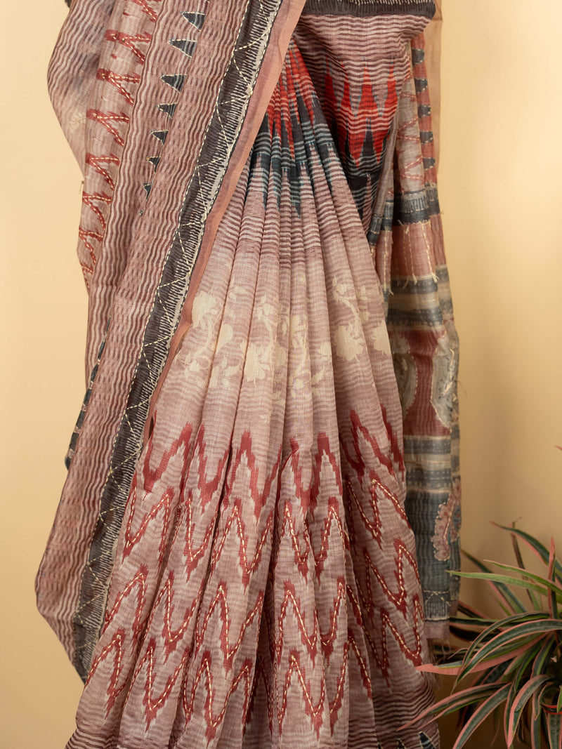 Pink Chanderi Block Print Hand Kantha Saree