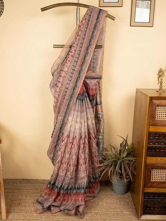 Pink Chanderi Block Print Hand Kantha Saree