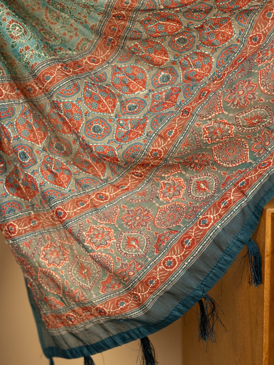 Sea Green Chanderi Block Print Hand Kantha Saree