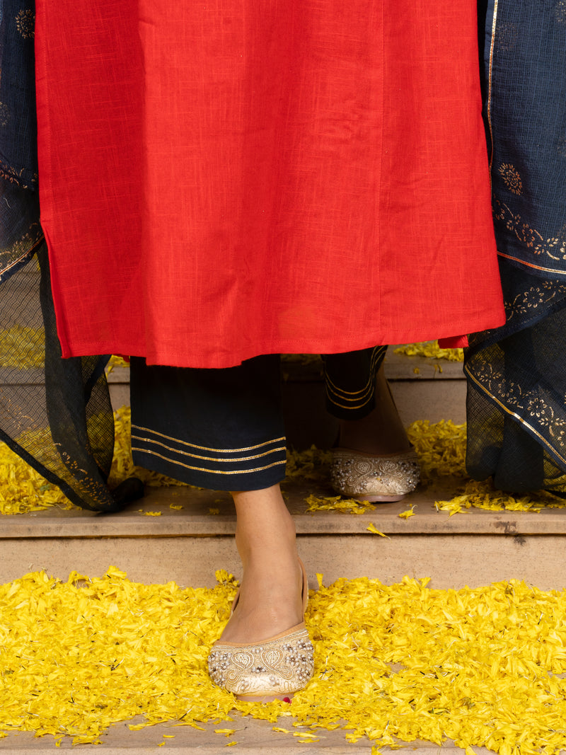 Red Cotton Slub V-Neck Complete Suit Set For Women's