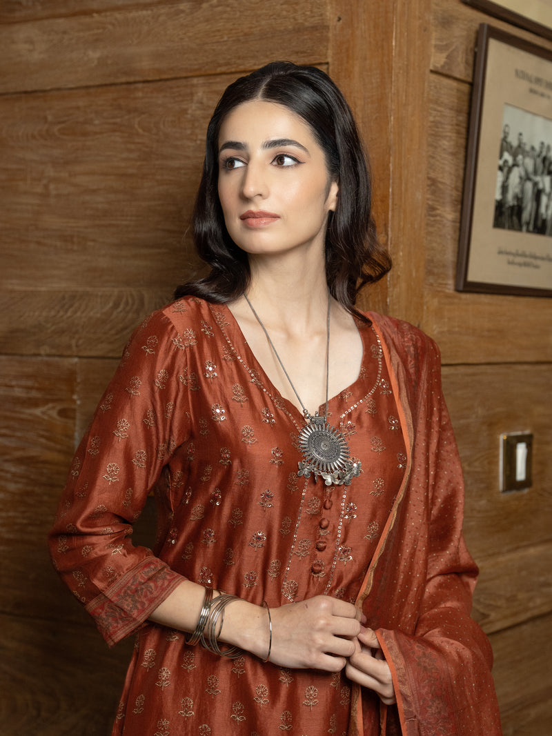 Rust Chanderi Complete Suit Set For Women's