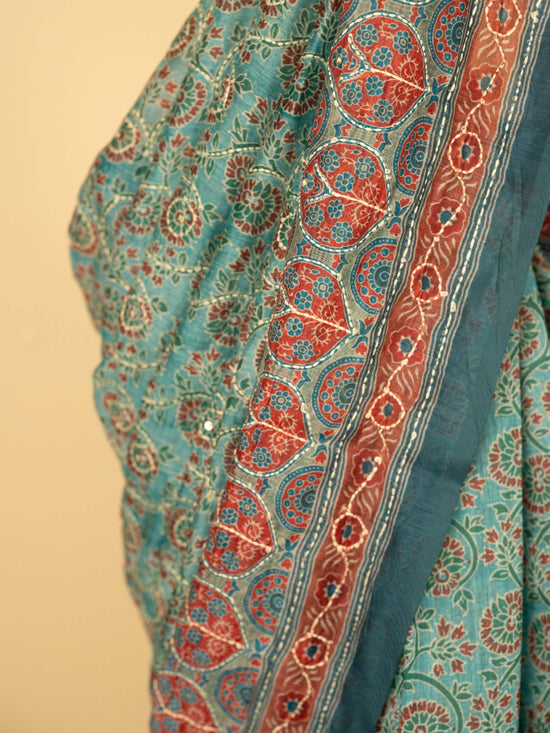 Sea Green Chanderi Block Print Hand Kantha Saree