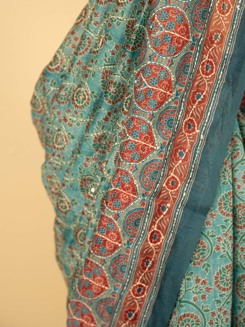 Sea Green Chanderi Block Print Hand Kantha Saree