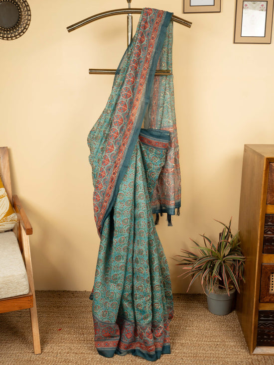 Sea Green Chanderi Block Print Hand Kantha Saree