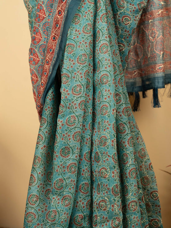 Sea Green Chanderi Block Print Hand Kantha Saree