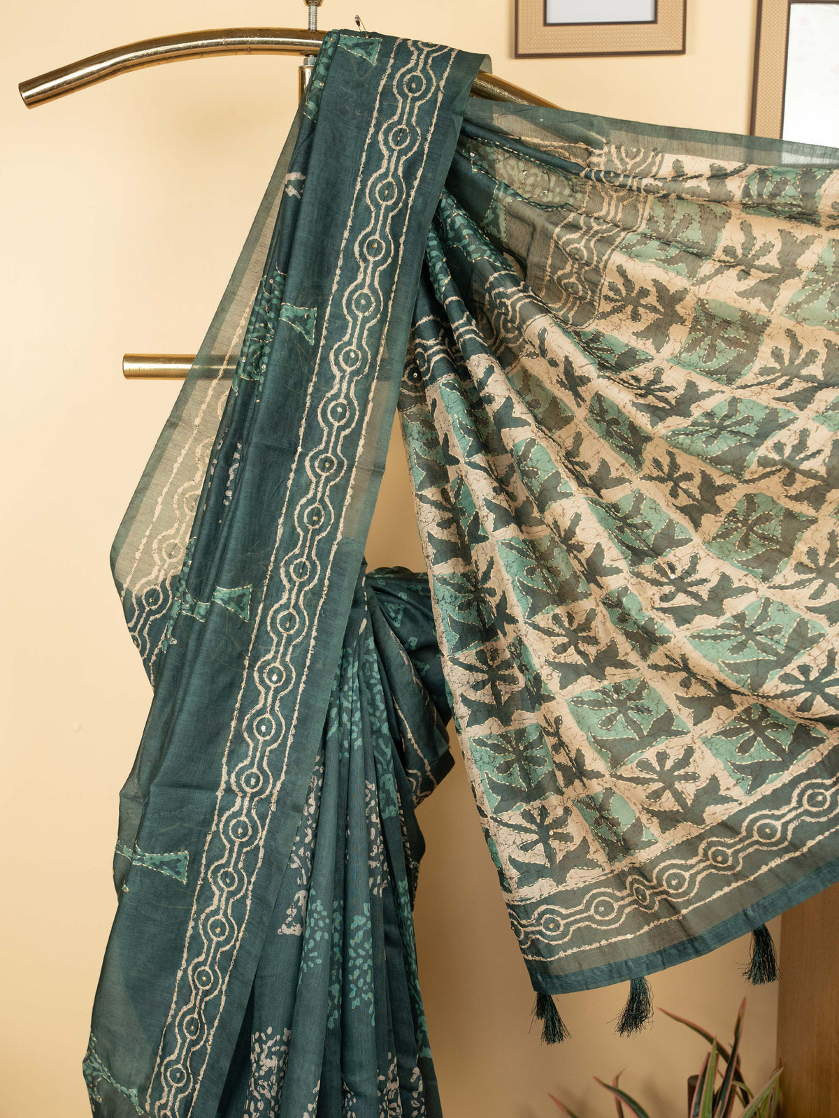 Dark Gray Chanderi Block Print Hand Kantha Saree