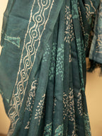 Dark Gray Chanderi Block Print Hand Kantha Saree