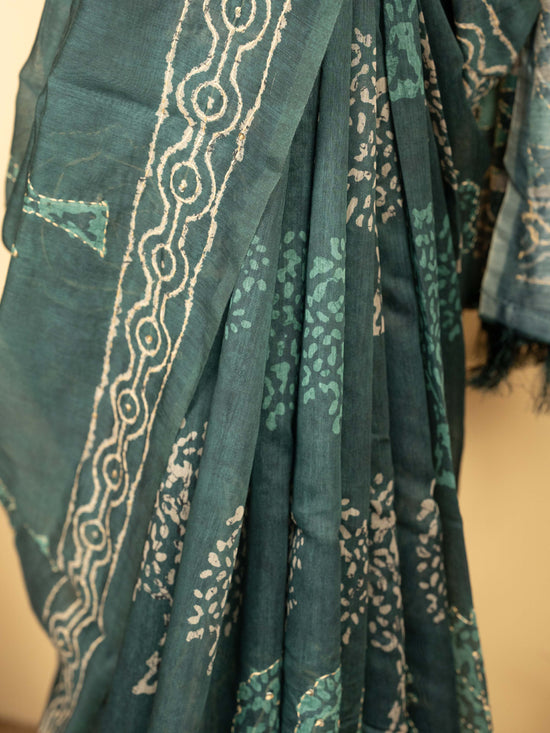 Dark Gray Chanderi Block Print Hand Kantha Saree