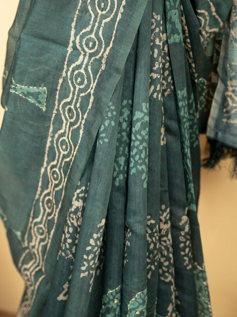 Dark Gray Chanderi Block Print Hand Kantha Saree