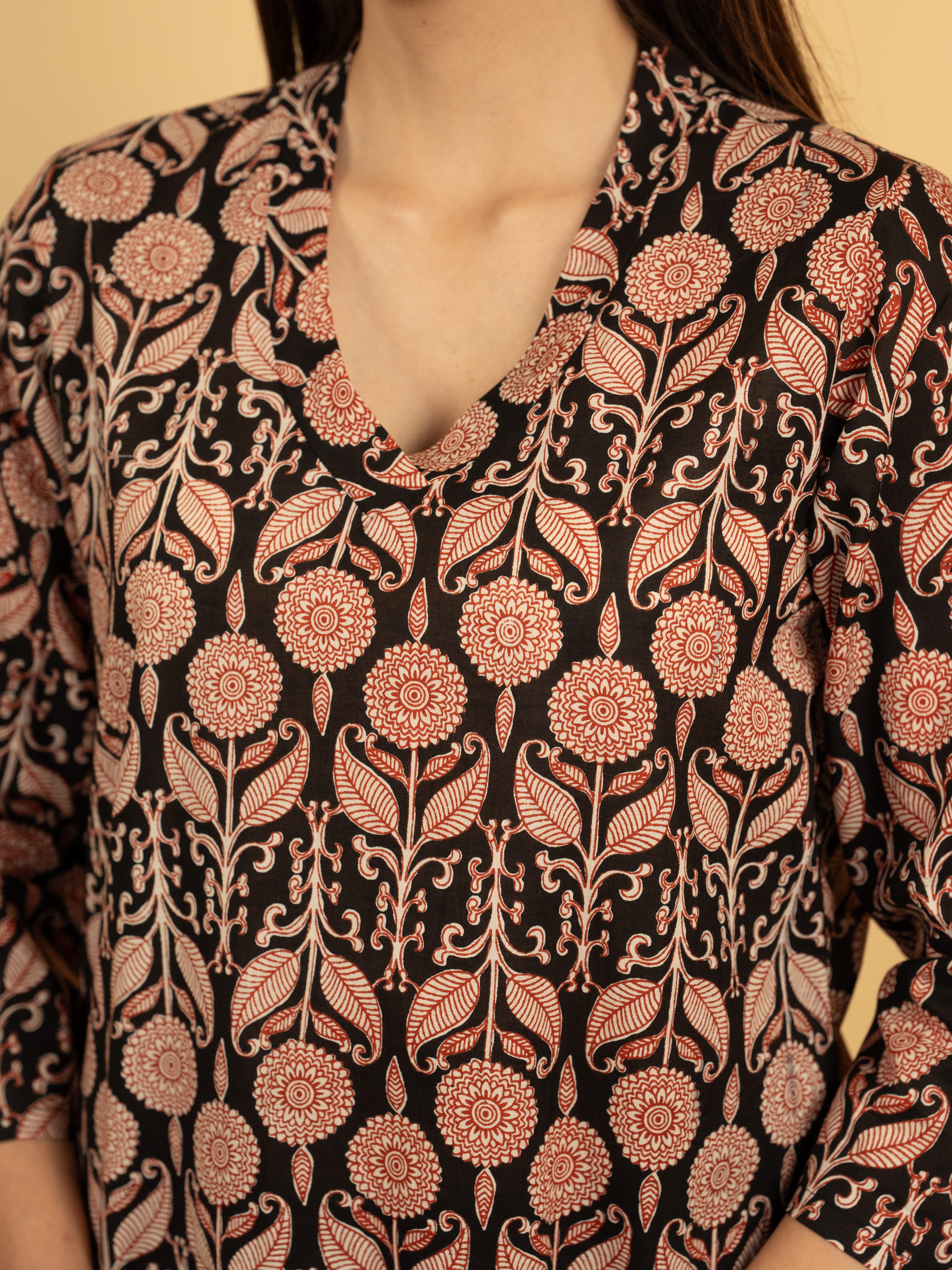 Black Colour Cotton V Neck Block Print Kurta For Women's