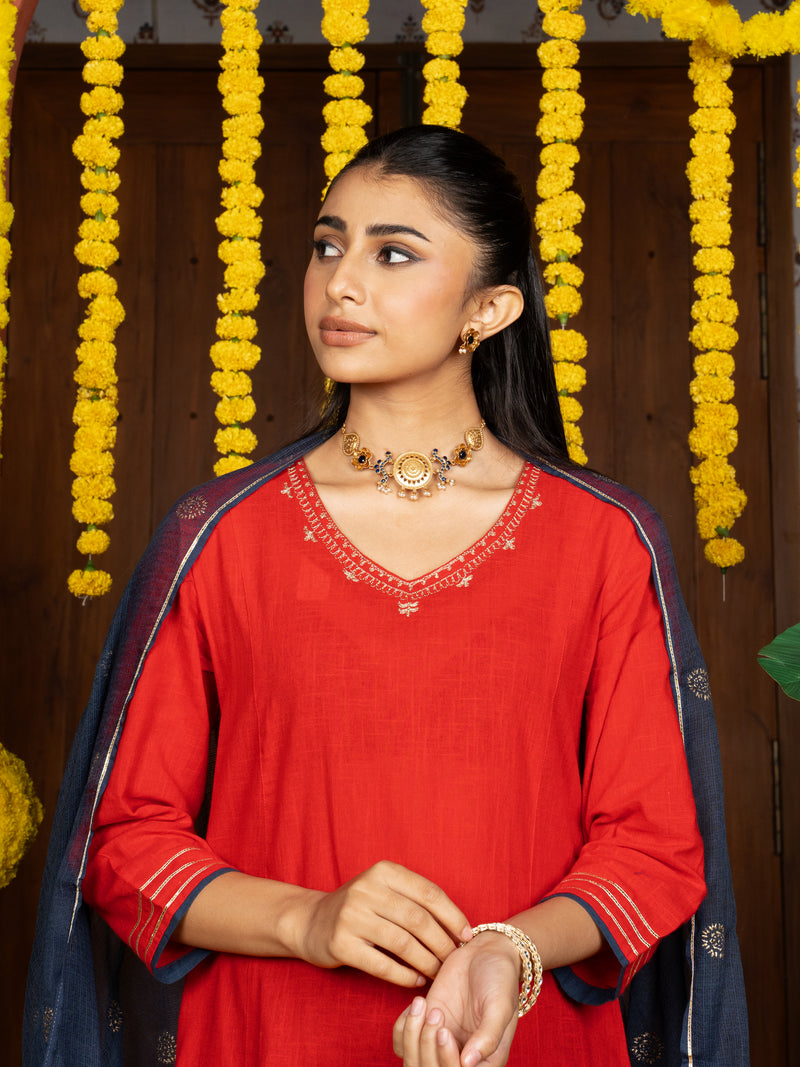 Red Cotton Slub V-Neck Complete Suit Set For Women's