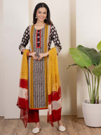 Black Cotton Handblock Print Complete Suit Set For Women's