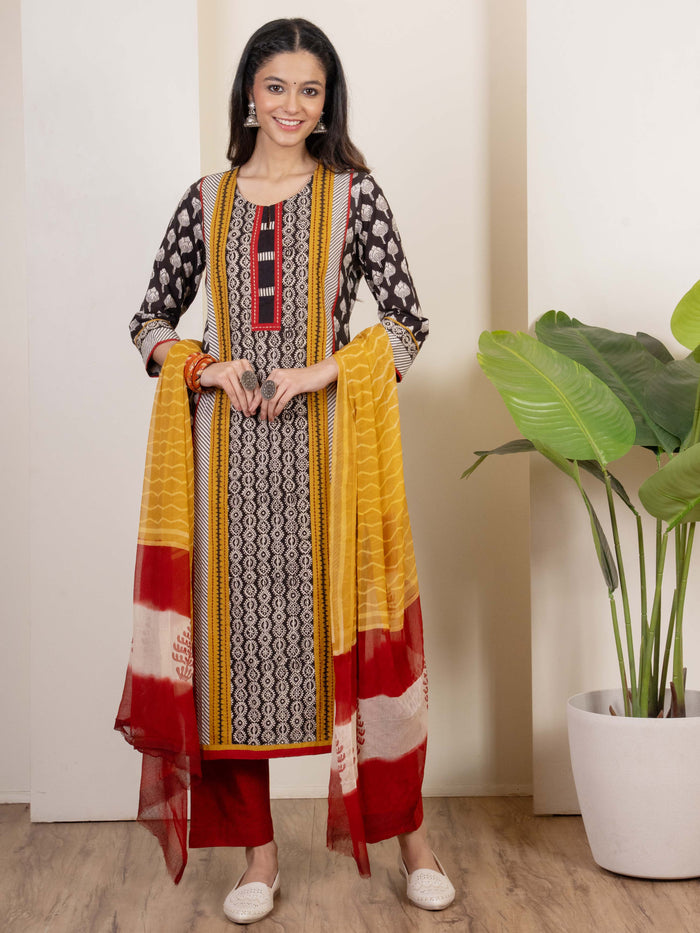 Black Cotton Handblock Print Complete Suit Set For Women's