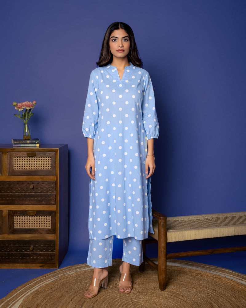 BLUE COTTON COLLAR NECK WITH POLKA PRINT KURTA PANT SET