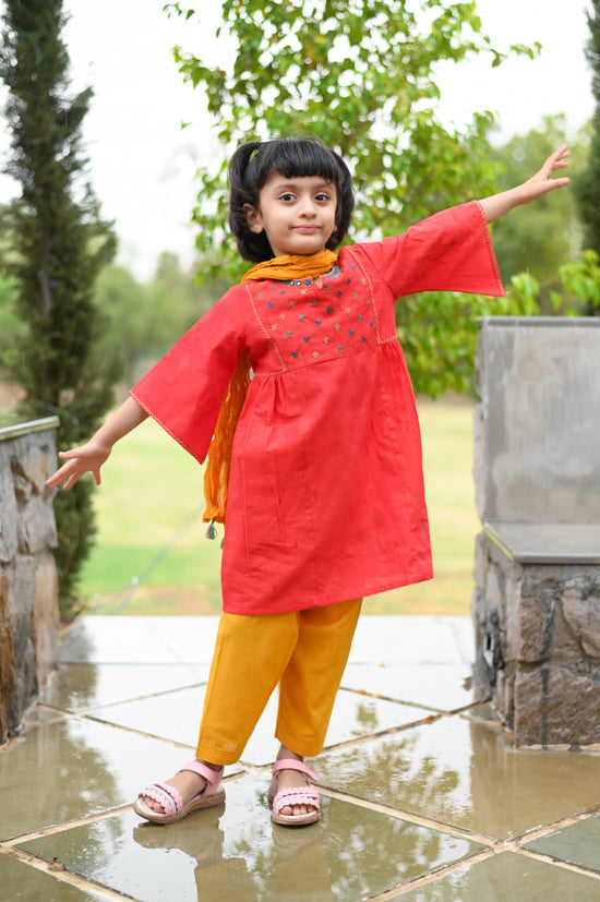 Red Kurta with Mustard Salwar and Dupatta