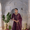 BRINJAL CHANDERI ROUND WITH V-CUT KURTA ALL OVER HIGHLIGHTED WITH ROGAN GOLD WORK FULL