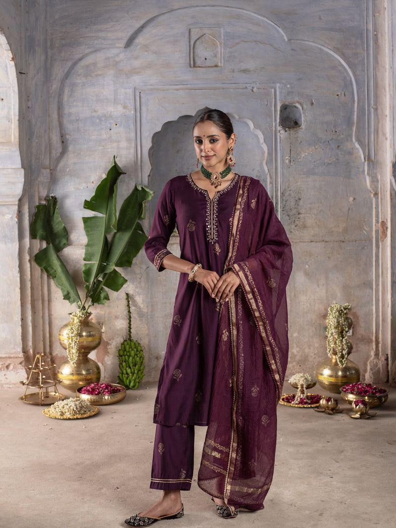 BRINJAL CHANDERI ROUND WITH V-CUT KURTA ALL OVER HIGHLIGHTED WITH ROGAN GOLD WORK FULL