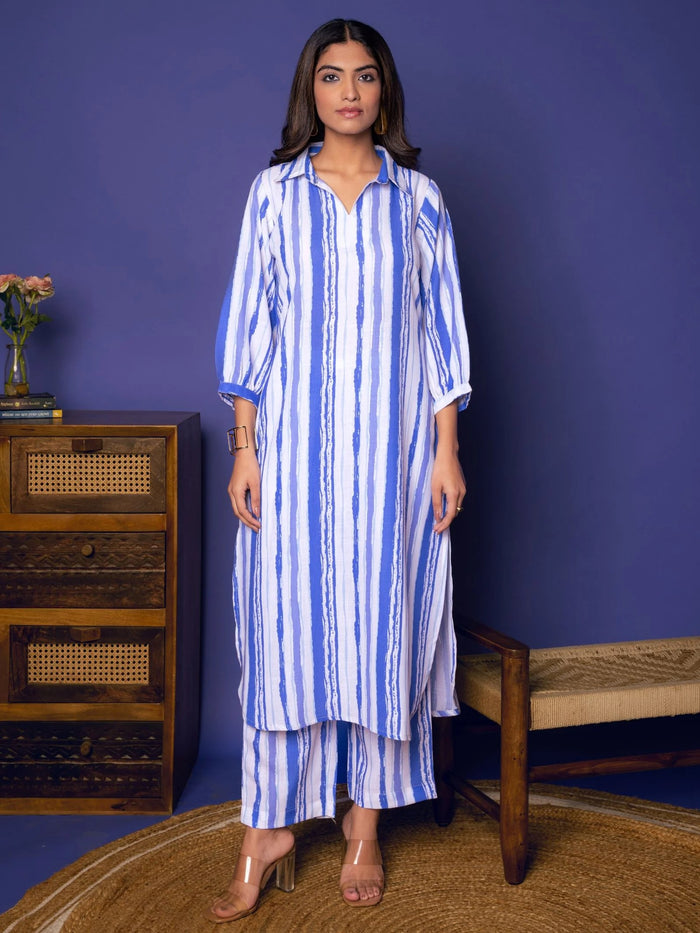MULTICOLORED STRIPES LINEN BLEND COLLAR NECK KURTA PANT SET
