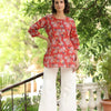Red Floral Cotton Round Neck Handblock Short Top For Women's