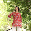 Red Floral Cotton Round Neck Handblock Short Top For Women's