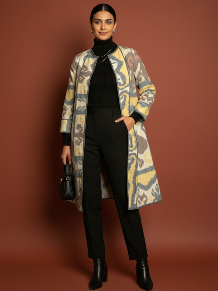 Blue Colour Thick Cotton Wool Round Neck Ikat Chambray Print Long Jacket For Women's