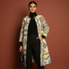 Blue Colour Thick Cotton Round Neck Ikat Chambray Print Long Jacket For Women's