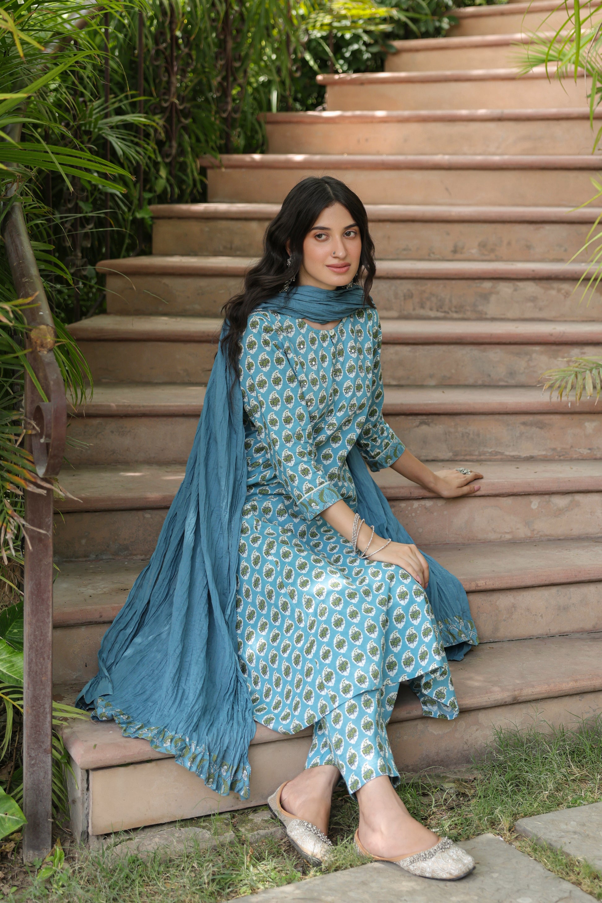 Powder Blue A-Line Kurta Pant Set With Dupatta