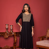 BLACK COTTON ROUND WITH V-NECK HAND BLOCK  KATHA WORK AND SEQUENCE KURTA PANT SET