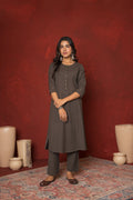 DARK GREY COTTON FLAX ROUND EMBROIDERY ON KURTA AND SLEEVES KURTA PANT SET
